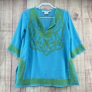 Gretchen Scott Tunic Top‎ Sz S Blue Green Embroidered 3/4 Sleeve Preppy Sheer
